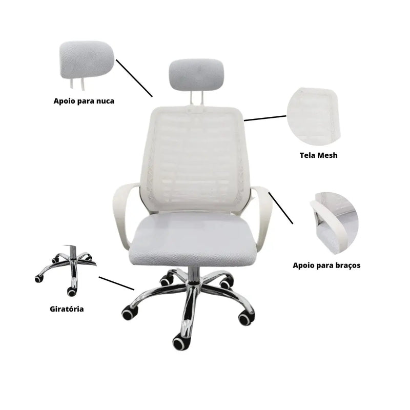 Kit com 2 Cadeiras Diretor de Escritório com Encosto de Mesh e Braços Brancos