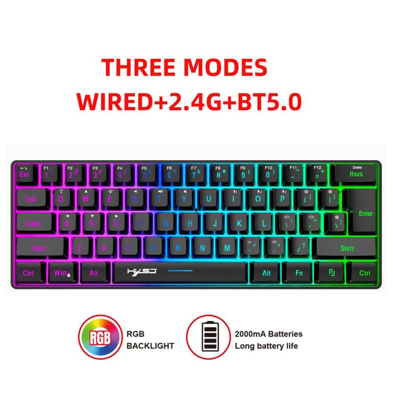 Teclado Gamer L500 com Fio/Sem Fio de 61 Teclas e Retroiluminação RGB Dinâmica para PC e Laptop