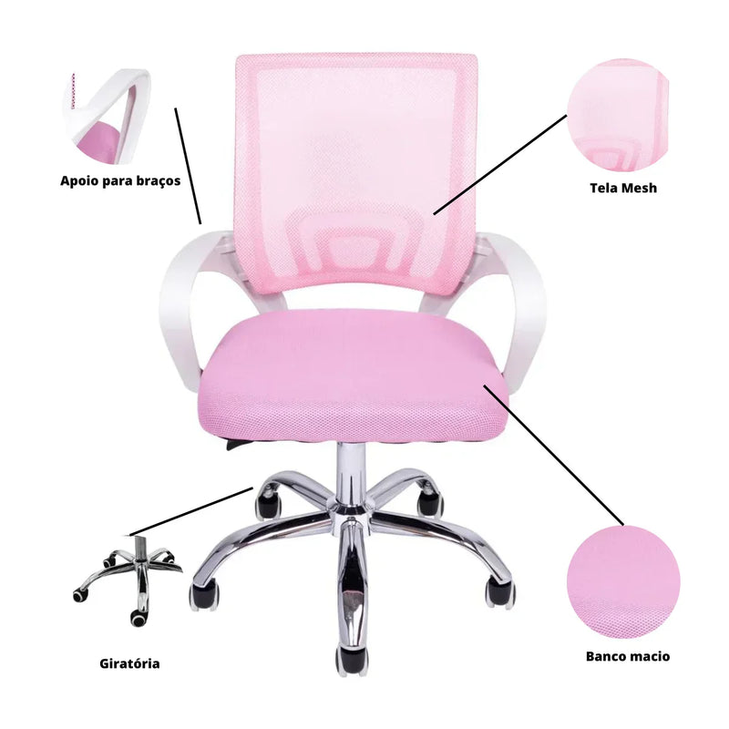 Cadeira de Escritório Ergonômica Begônia com Tela Mesh Rosa