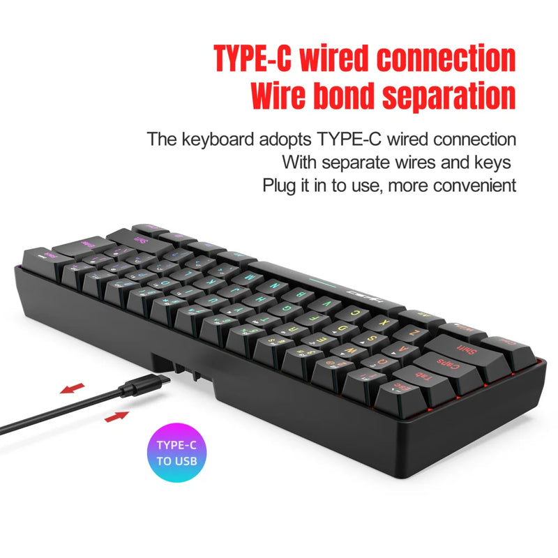Teclado Gamer L500 com Fio/Sem Fio de 61 Teclas e Retroiluminação RGB Dinâmica para PC e Laptop