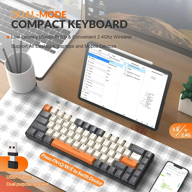 Teclado Gamer Mecânico 60% Sem Fio Bluetooth Dual Mode Hot-Swappable Mini 68 Teclas com Switches Vermelhos para PC, PS4, Xbox, iPhone e iPad