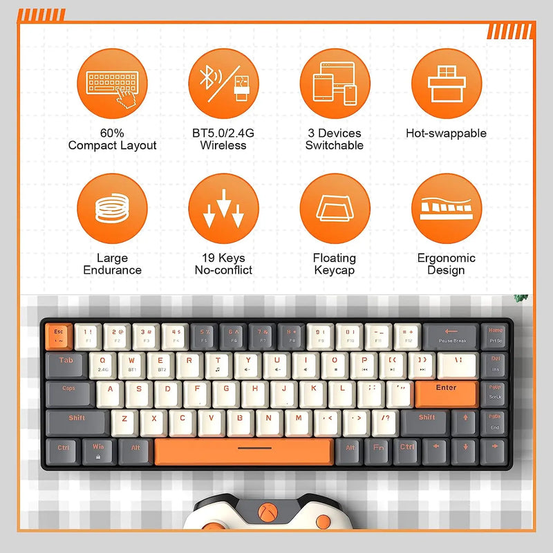Teclado Gamer Mecânico 60% Sem Fio Bluetooth Dual Mode Hot-Swappable Mini 68 Teclas com Switches Vermelhos para PC, PS4, Xbox, iPhone e iPad