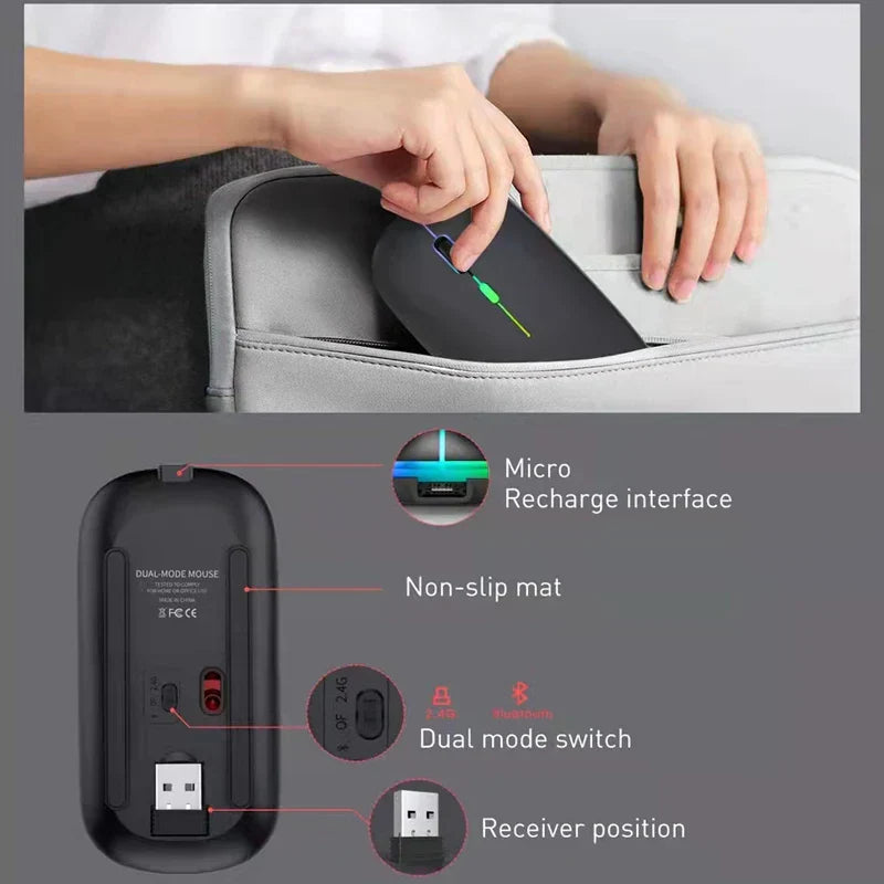 LED Mouse Wireless Congdi 2.4GHz e Bluetooth 5.1, Recarregável, Compacto e Silencioso