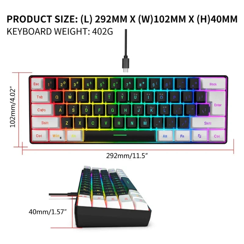 Teclado Gamer Ultra-Compacto com Fio RGB, Teclas Flutuantes e 61 Teclas
