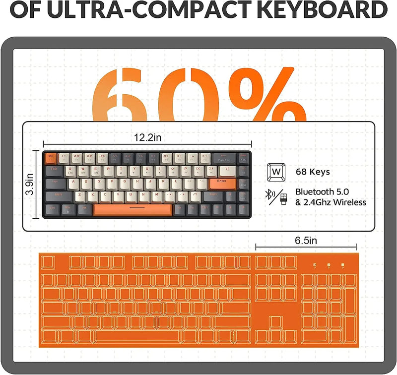 Teclado Gamer Mecânico 60% Sem Fio Bluetooth Dual Mode Hot-Swappable Mini 68 Teclas com Switches Vermelhos para PC, PS4, Xbox, iPhone e iPad