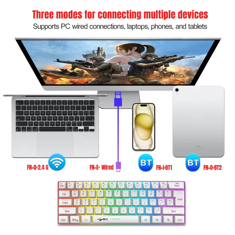 Teclado Gamer L500 com Fio/Sem Fio de 61 Teclas e Retroiluminação RGB Dinâmica para PC e Laptop