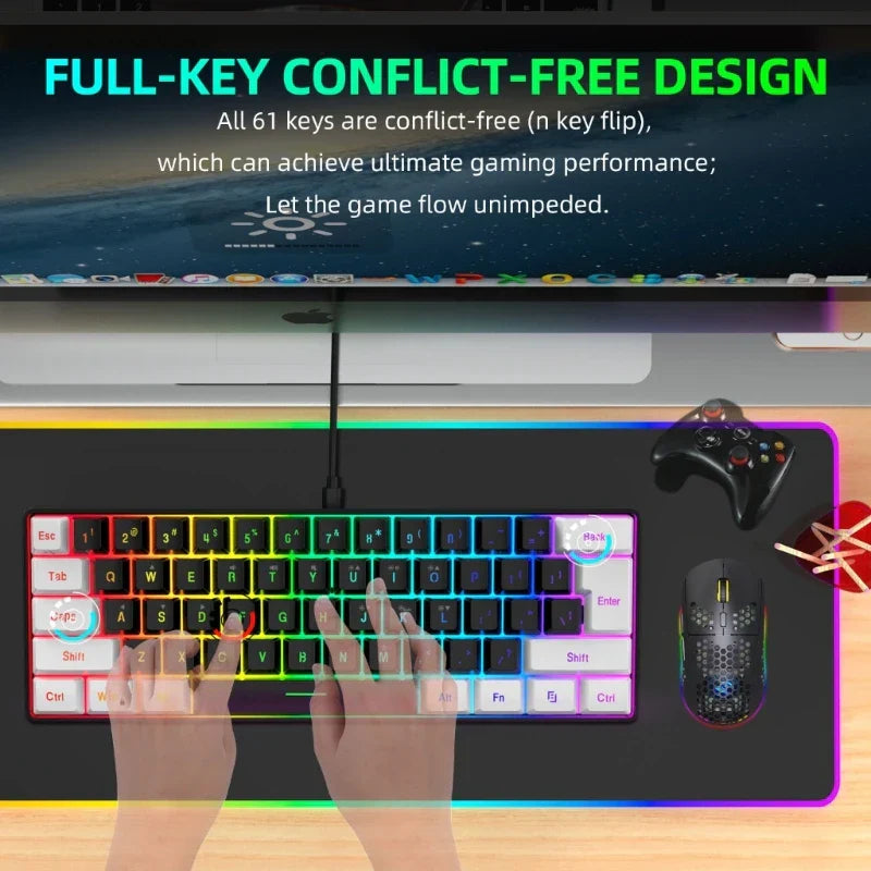 Teclado Gamer Ultra-Compacto com Fio RGB, Teclas Flutuantes e 61 Teclas