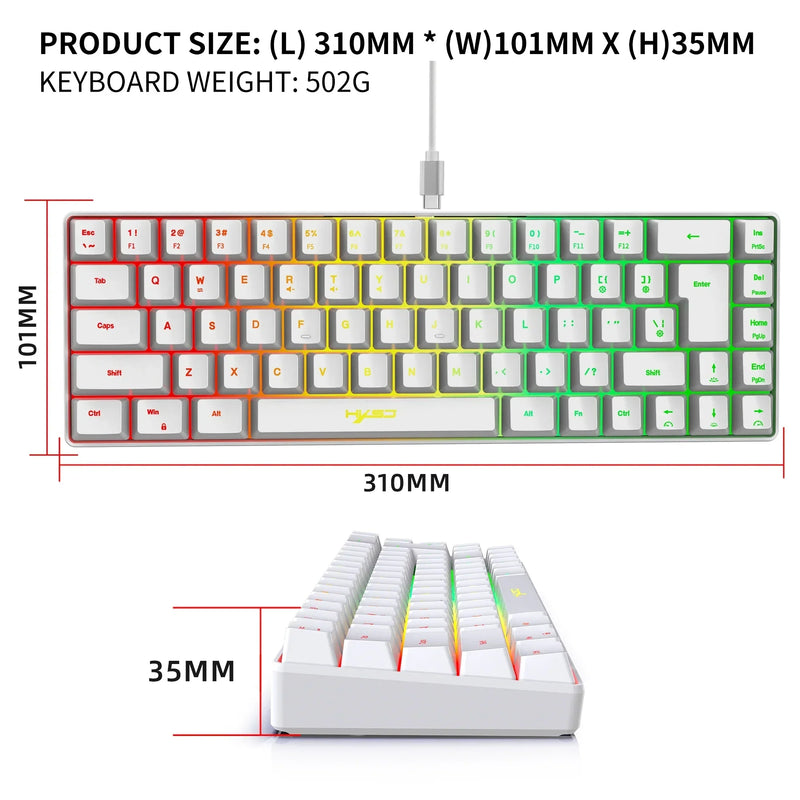 Teclado Gamer 68 Teclas com Fio, Retroiluminação RGB, Teclado Compacto para PC, Laptop e Computador