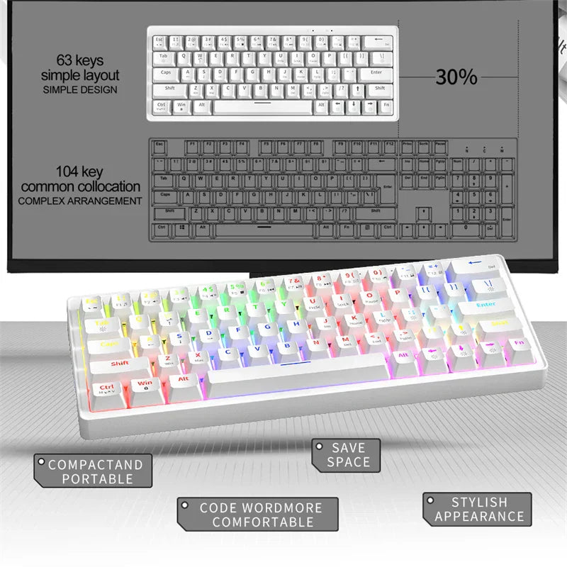 Teclado Mecânico ZIFRIEND ZA63 63 Teclas Hot Swappable, RGB, Switches Vermelho/Azul, Anti-Ghosting - Teclado Gamer 60%, Keycaps Brancos