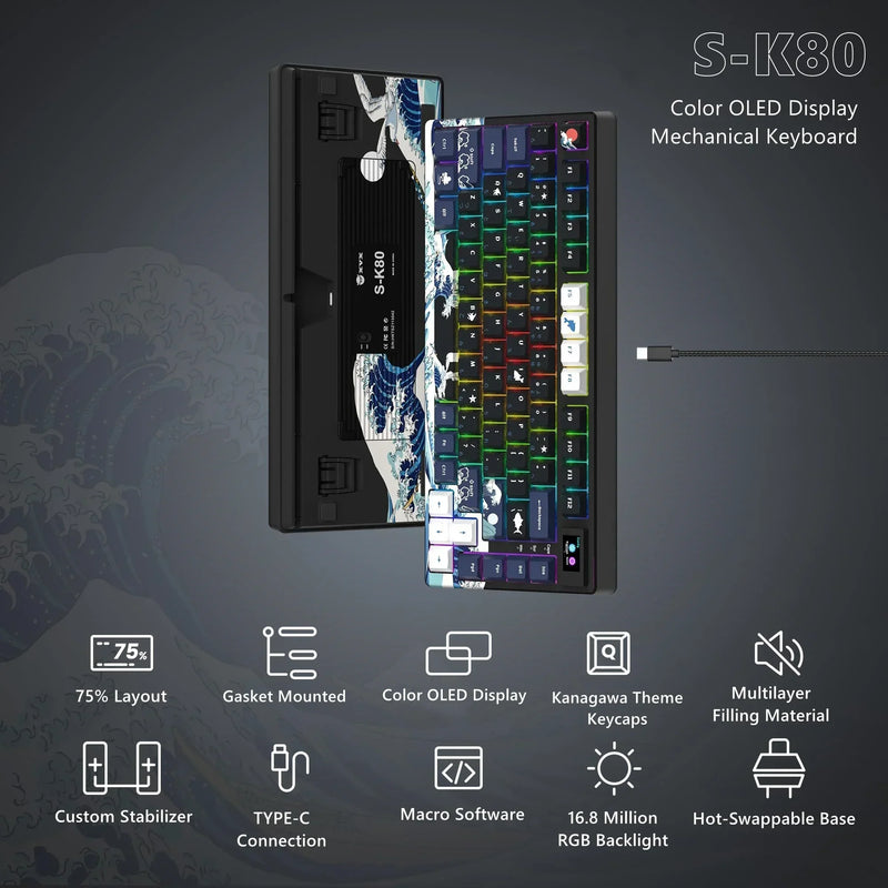 Teclado Mecânico Gamer WOMIER S-K80 75% Hot Swappable com Display Inteligente - Com Fio para PC, Computador e Laptop